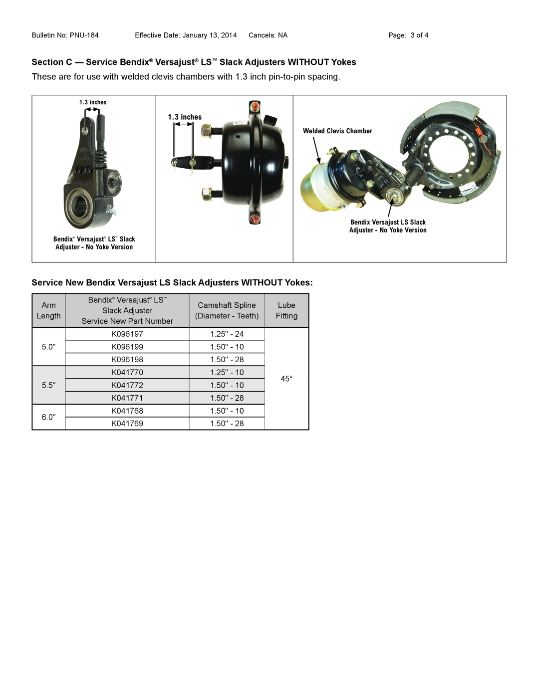 BENDIX PNU-184 manual Section C - Service Bendix Versajust LS Slack Adjusters WITHOUT Yokes, inches, Welded Clevis Chamber 