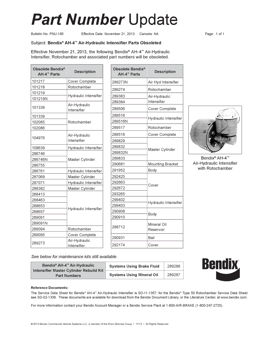 BENDIX PNU-185 manual Part Number Update, See below for maintenance kits still available, Reference Documents 