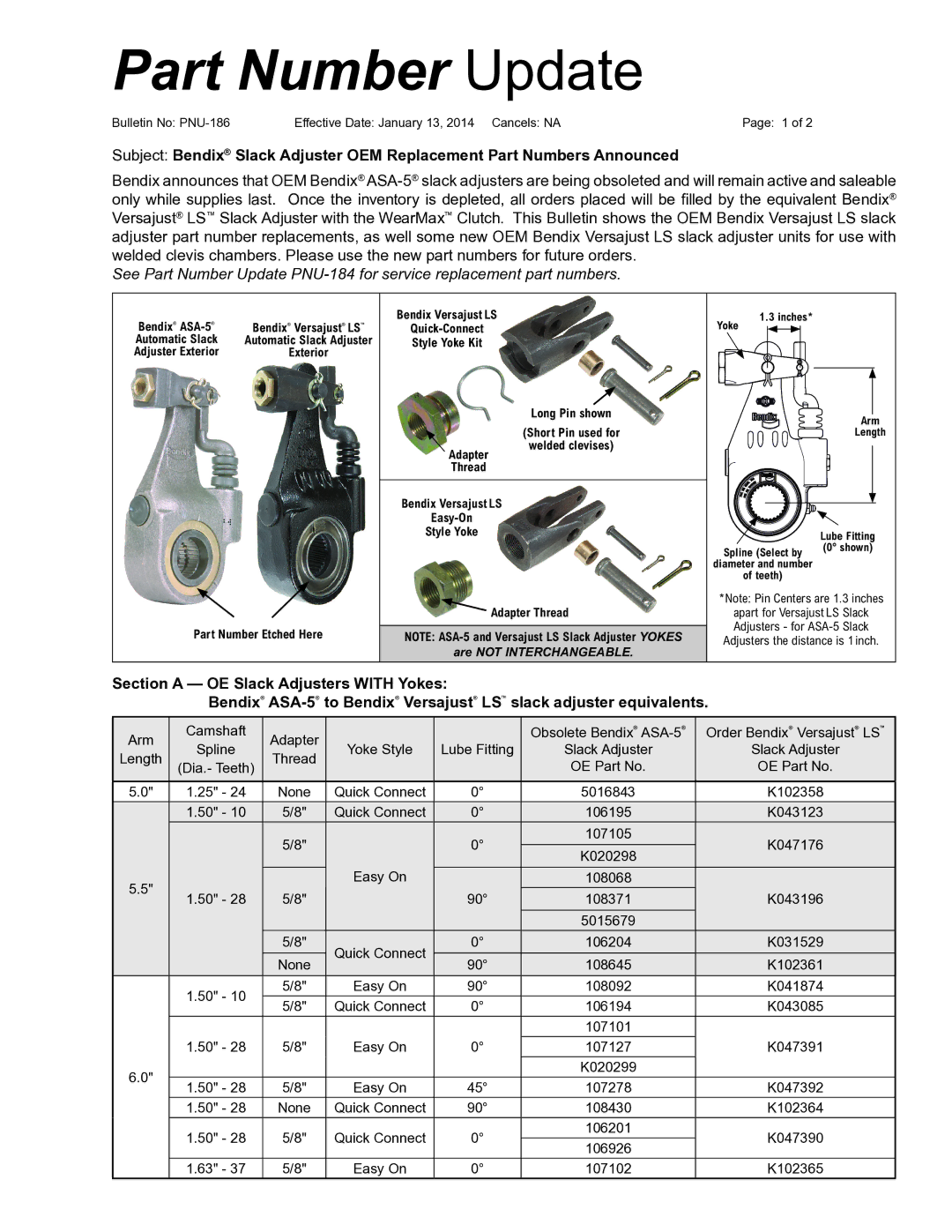 BENDIX PNU-186 manual Part Number Update, Yoke Style Lube Fitting, OE Part No, Easy On, K047391 