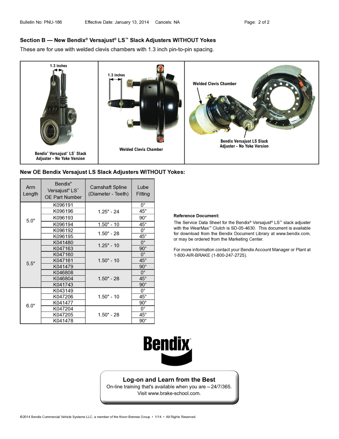 BENDIX PNU-186 manual Log-on and Learn from the Best, New OE Bendix Versajust LS Slack Adjusters Without Yokes, Fitting 