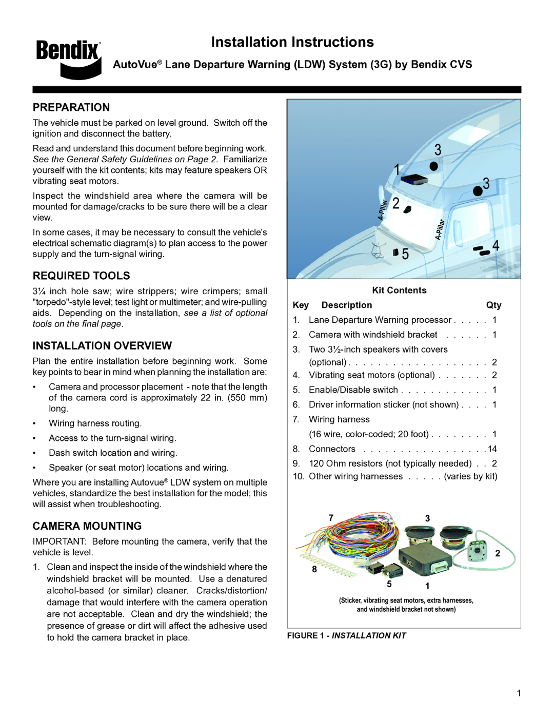 BENDIX S-1580 manual Preparation, Required Tools, Installation Overview, Camera Mounting 