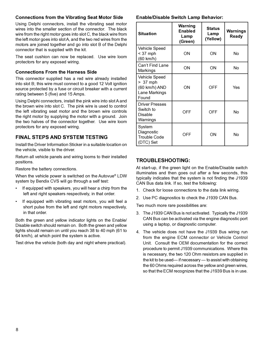 BENDIX S-1580 manual Final Steps and System Testing, Troubleshooting, Connections from the Vibrating Seat Motor Side 