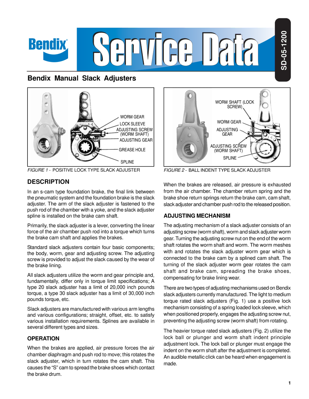 BENDIX SD-05-1200 manual Description, Operation, Adjusting Mechanism 