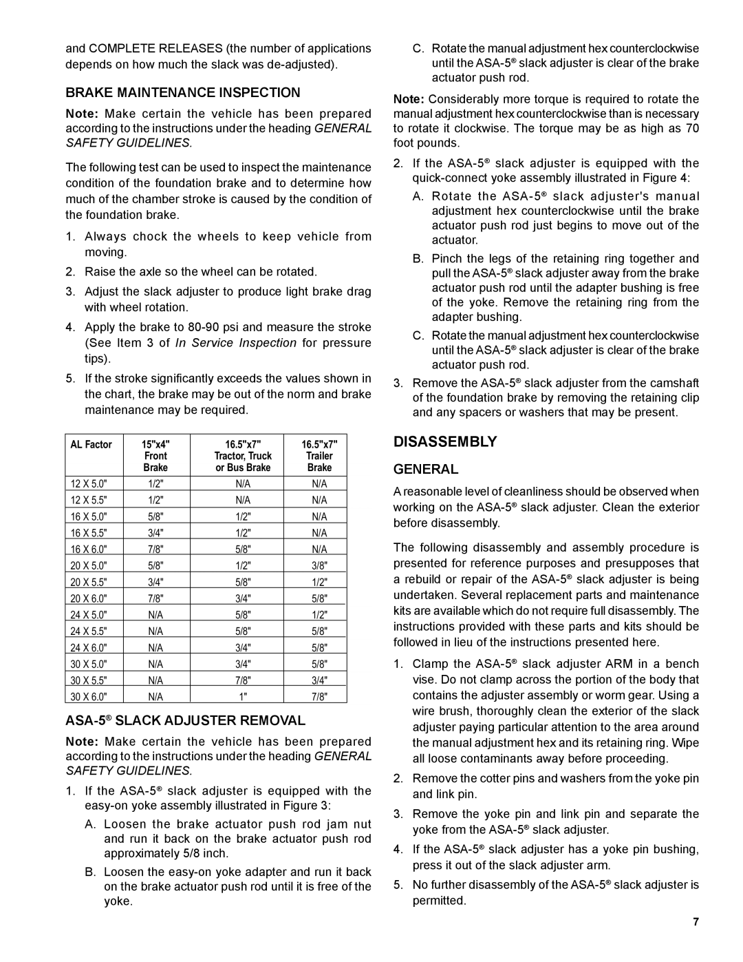 BENDIX SD-05-1269 manual Disassembly, Brake Maintenance Inspection, ASA-5SLACK Adjuster Removal 