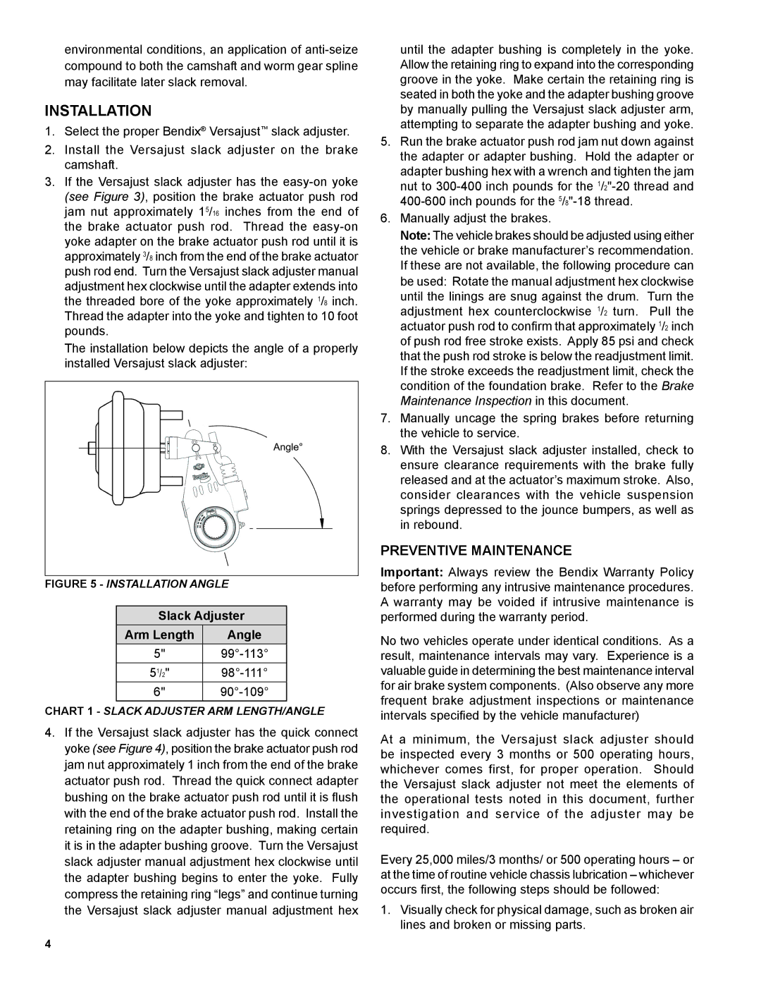 BENDIX SD-05-4630 manual Installation, Preventive Maintenance, Slack Adjuster Arm Length Angle 