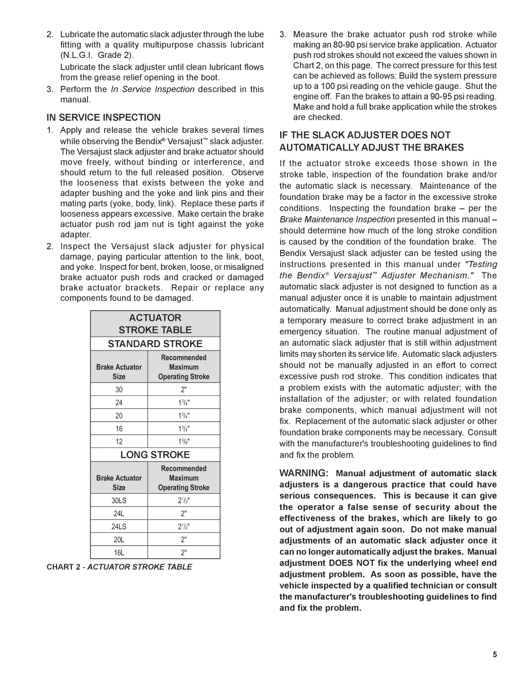 BENDIX SD-05-4630 manual Service Inspection, Actuator Stroke Table Standard Stroke, Long Stroke 