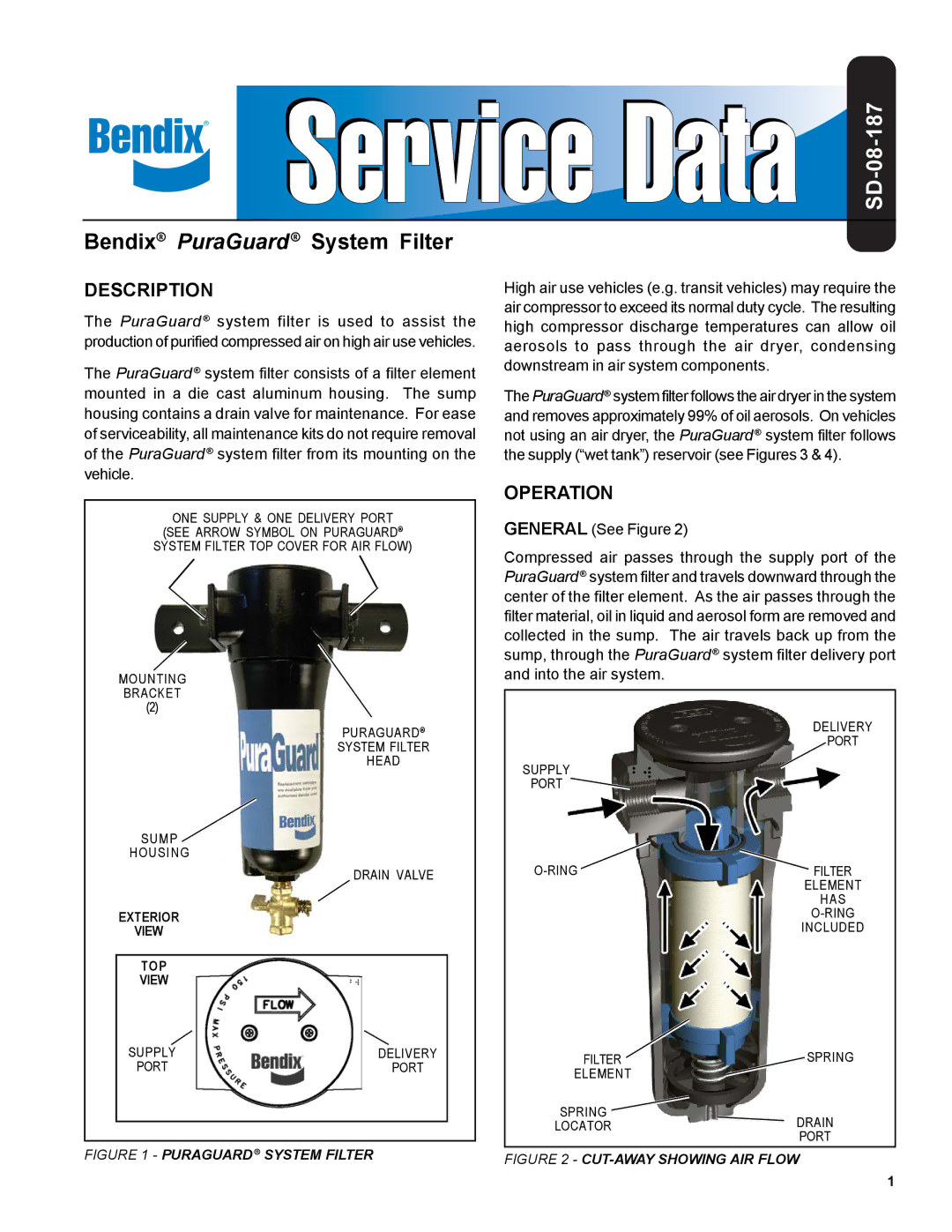 BENDIX SD-08-187 manual Bendix PuraGuard System Filter, Description, Operation 