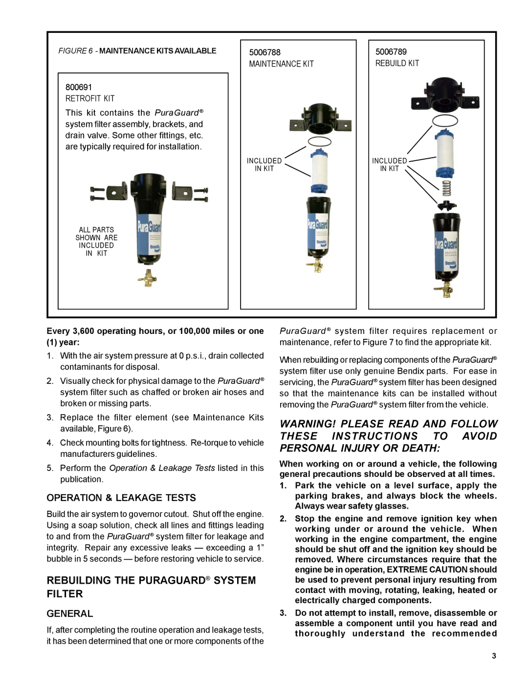 BENDIX SD-08-187 manual Rebuilding the Puraguard System Filter, Operation & Leakage Tests, General 