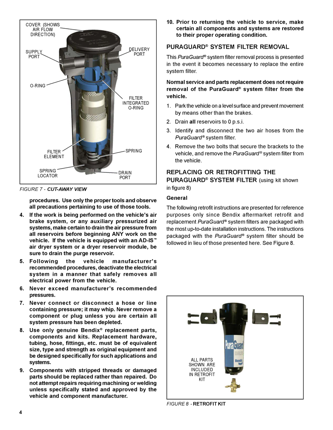 BENDIX SD-08-187 manual Puraguard System Filter Removal, General 