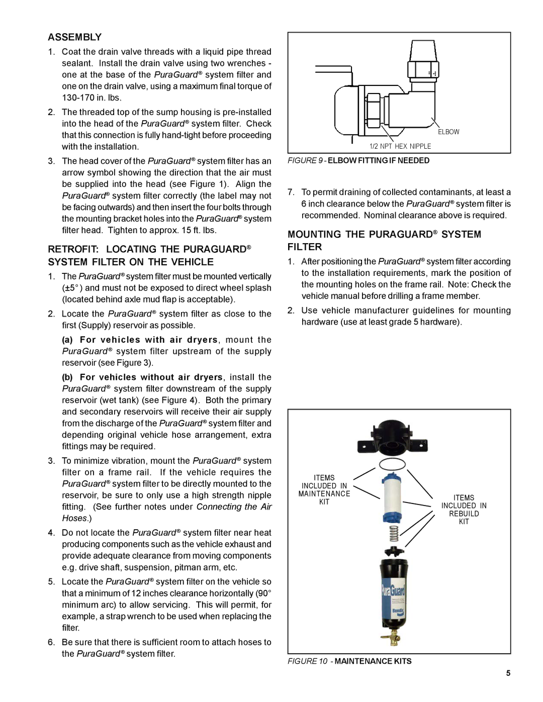 BENDIX SD-08-187 manual Assembly, Mounting the Puraguard System Filter 