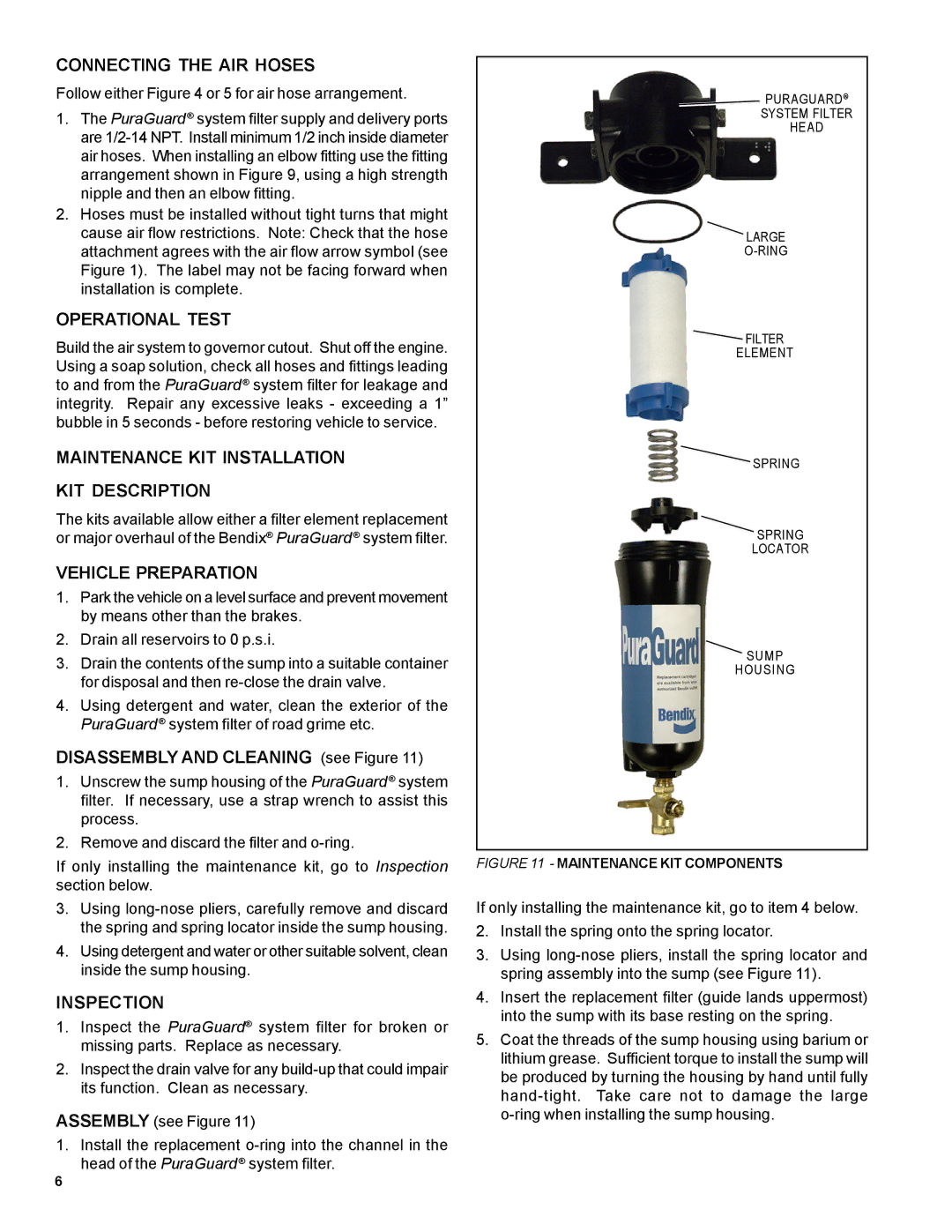 BENDIX SD-08-187 Connecting the AIR Hoses, Operational Test, Maintenance KIT Installation KIT Description, Inspection 