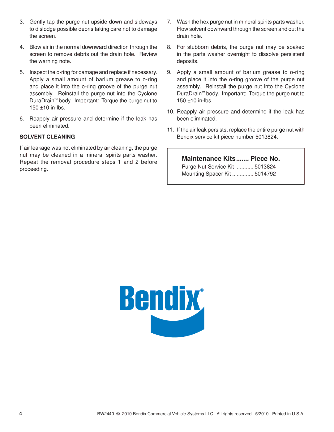 BENDIX SD-08-2402 manual Solvent Cleaning 