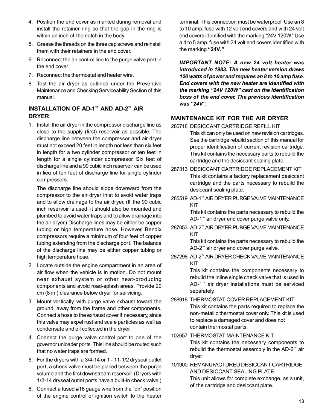 BENDIX SD-08-2403 manual Installation of AD-1AND AD-2AIR Dryer, Maintenance KIT for the AIR Dryer 