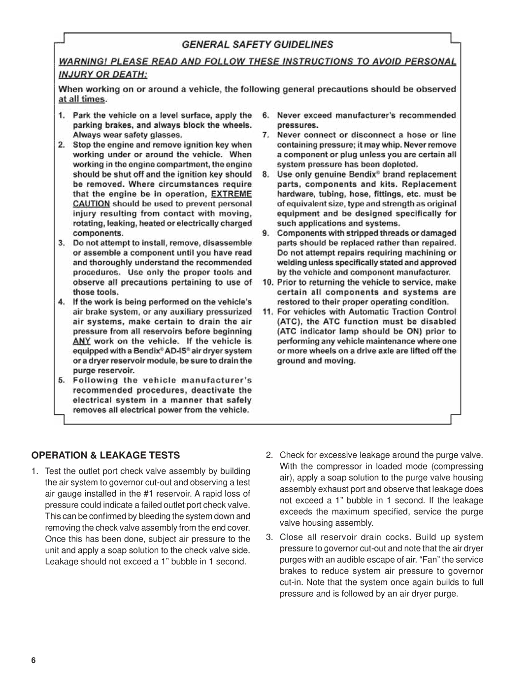 BENDIX SD-08-2412 manual Operation & Leakage Tests 