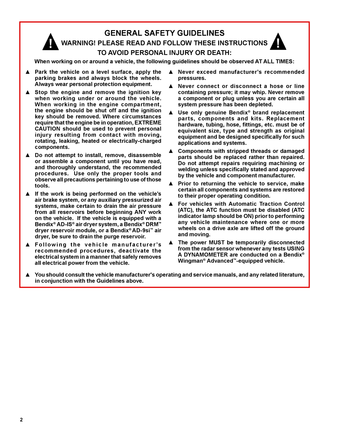 BENDIX SD-08-2414 manual General Safety Guidelines, To Avoid Personal Injury or Death 