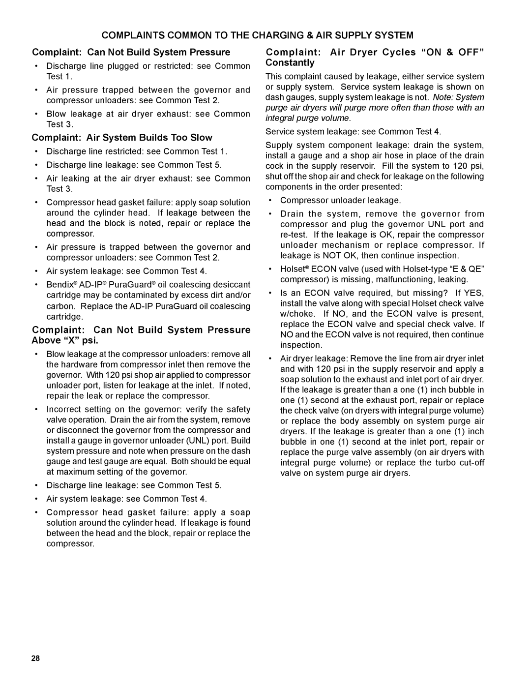 BENDIX SD-08-2414 manual Complaints Common to the Charging & AIR Supply System, Complaint Can Not Build System Pressure 