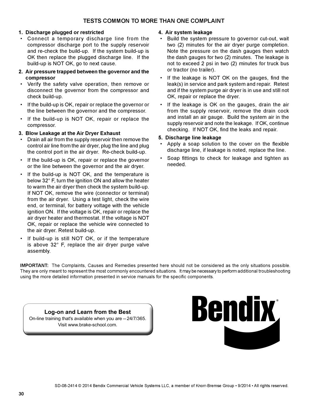 BENDIX SD-08-2414 manual Tests Common to More than ONE Complaint, Log-on and Learn from the Best 