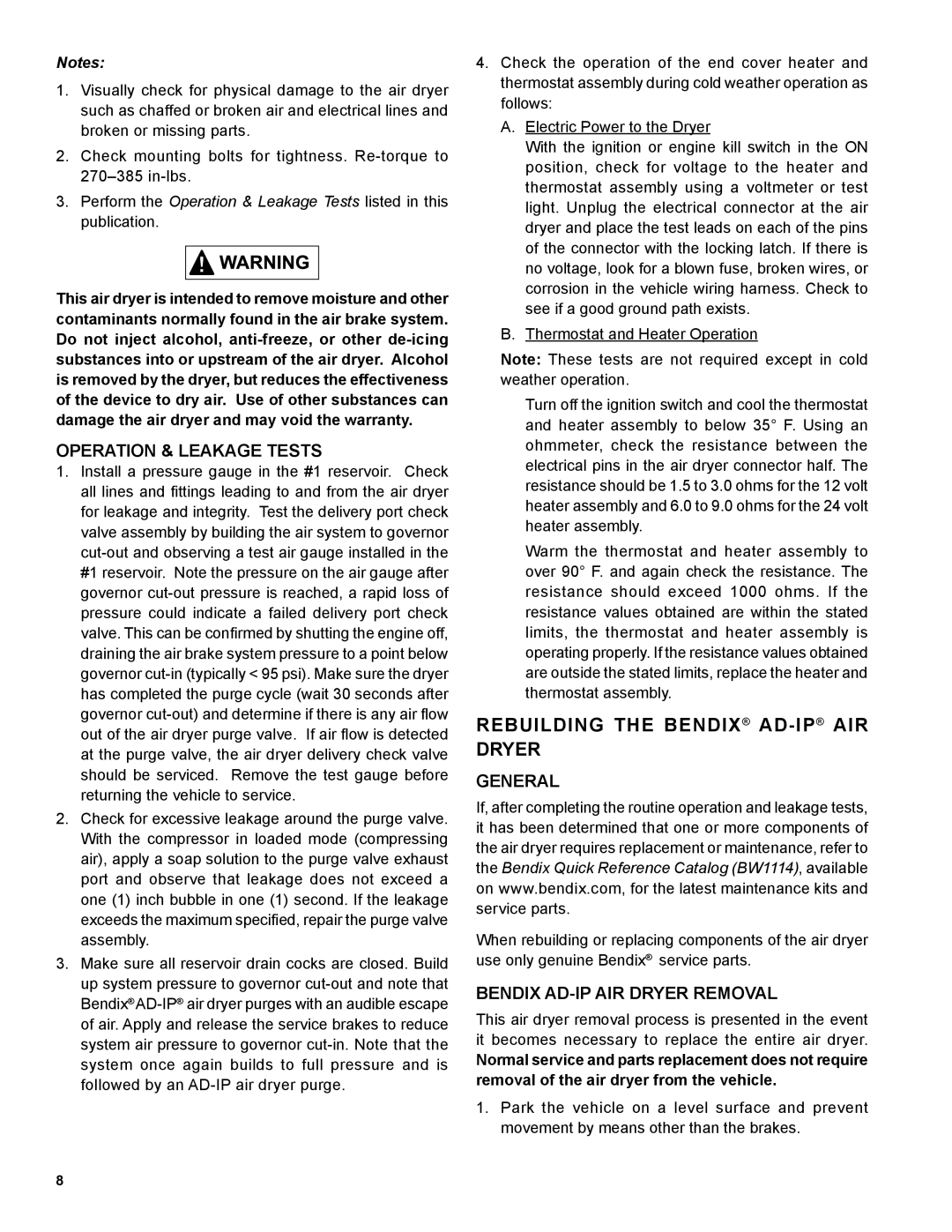 BENDIX SD-08-2414 manual Rebuilding the Bendix AD-IPAIR Dryer, Operation & Leakage Tests, Bendix AD-IP AIR Dryer Removal 