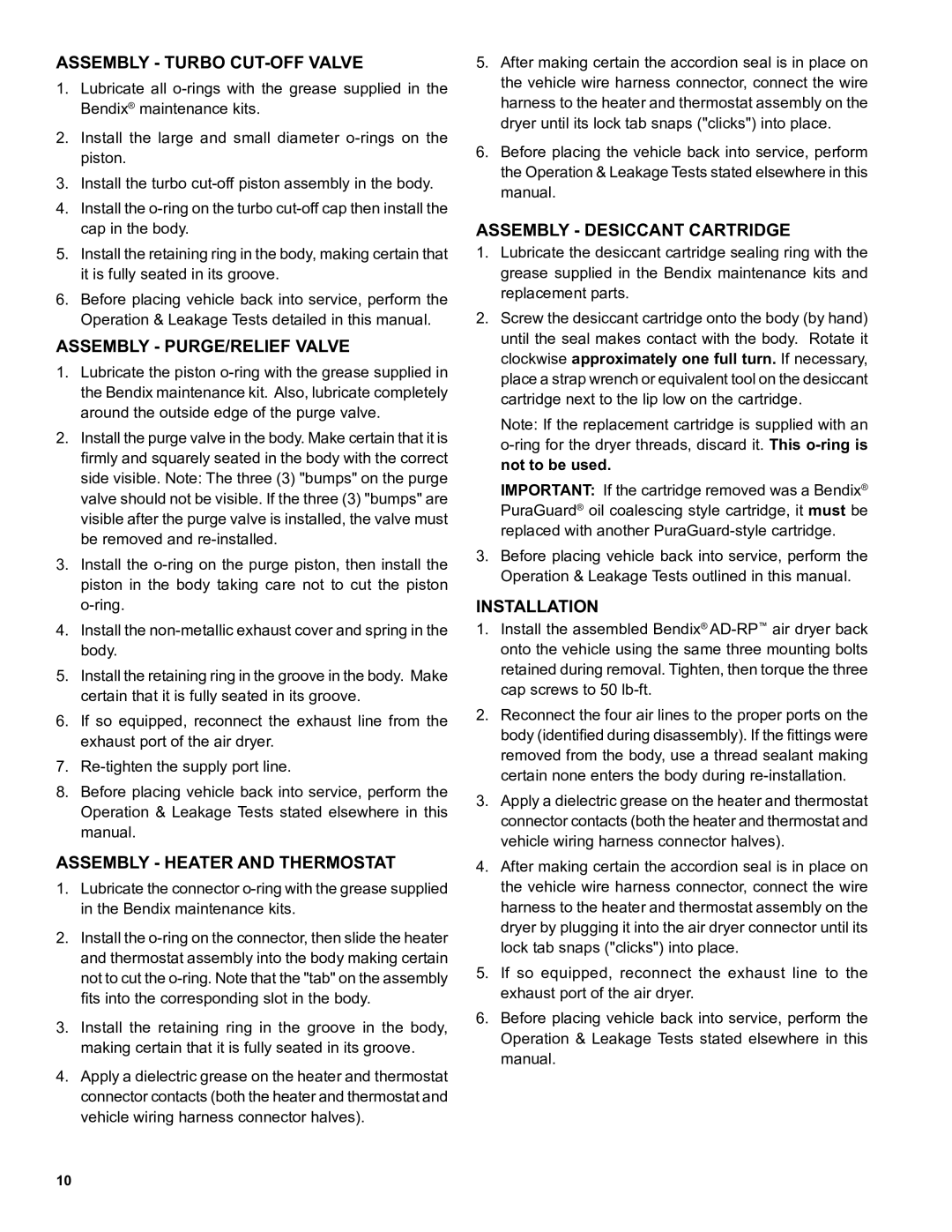 BENDIX SD-08-2415A Assembly Turbo CUT-OFF Valve, Assembly PURGE/RELIEF Valve, Assembly Heater and Thermostat, Installation 