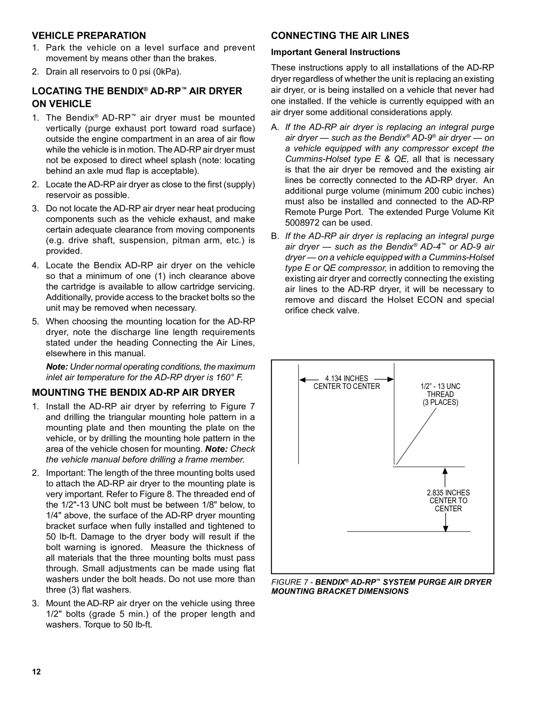 BENDIX SD-08-2415A Vehicle Preparation, Locating the Bendix AD-RPAIR Dryer on Vehicle, Mounting the Bendix AD-RP AIR Dryer 
