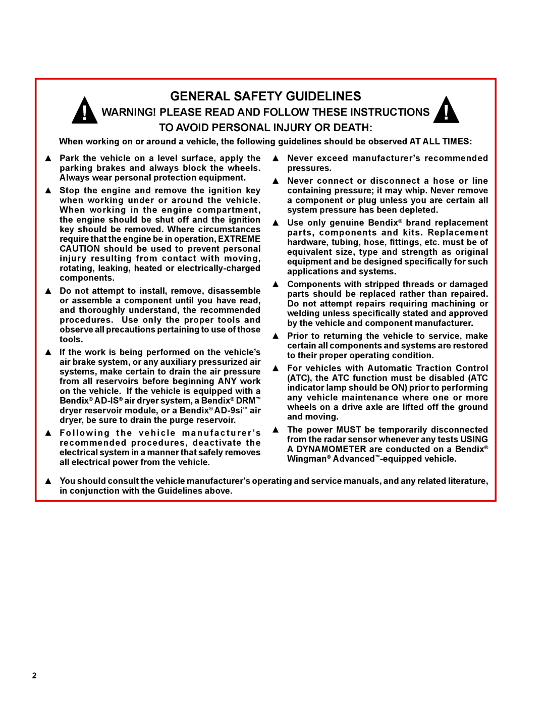 BENDIX SD-08-2418 manual General Safety Guidelines 