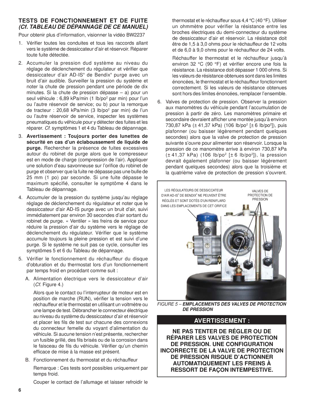 BENDIX SD-08-2418F manual Avertissement, NE PAS Tenter DE Régler OU DE 