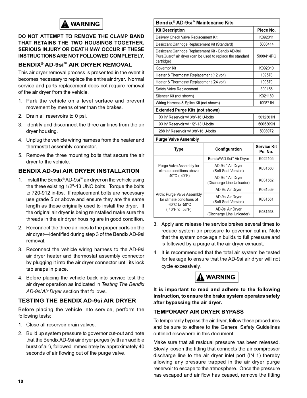 BENDIX SD-08-2433 manual Temporary AIR Dryer Bypass 