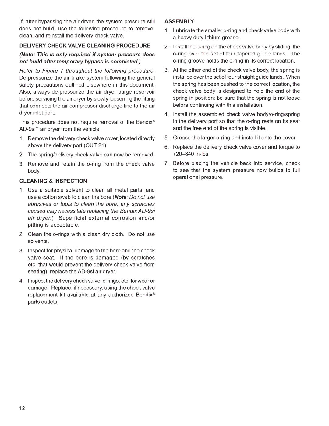 BENDIX SD-08-2433 manual Delivery Check Valve Cleaning Procedure 