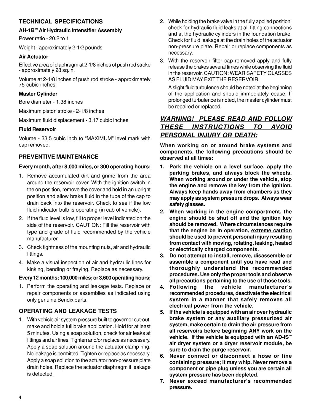 BENDIX SD-11-1326 manual Technical Specifications, Preventive Maintenance, Operating and Leakage Tests 