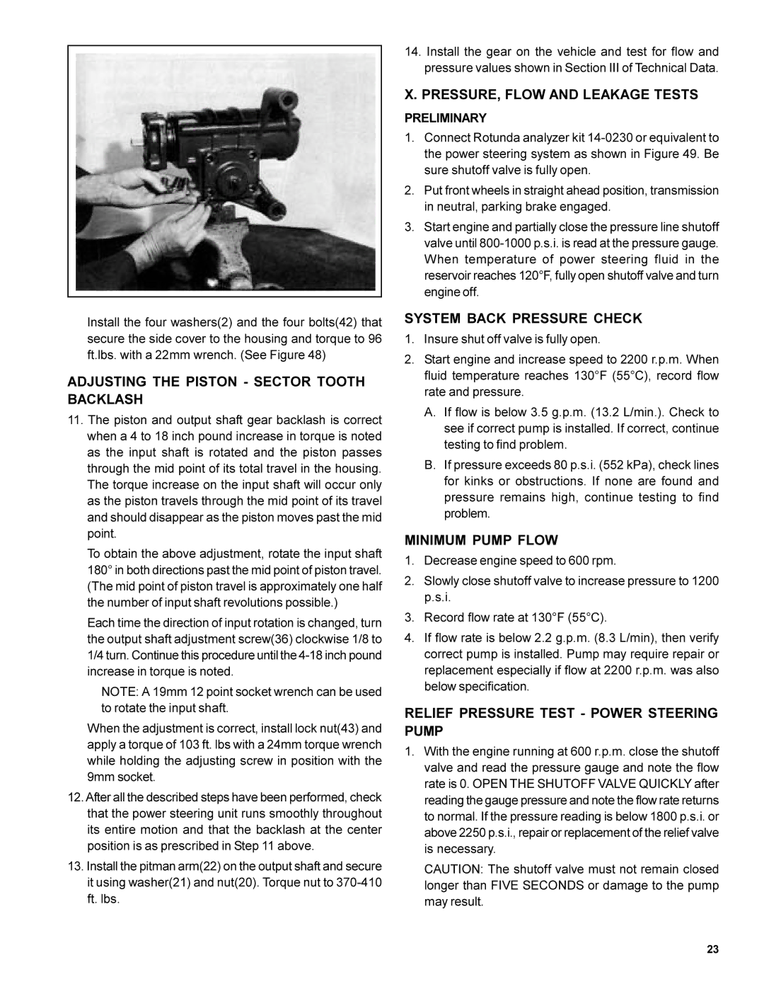 BENDIX SD-30-4250 Adjusting the Piston Sector Tooth Backlash, PRESSURE, Flow and Leakage Tests, System Back Pressure Check 