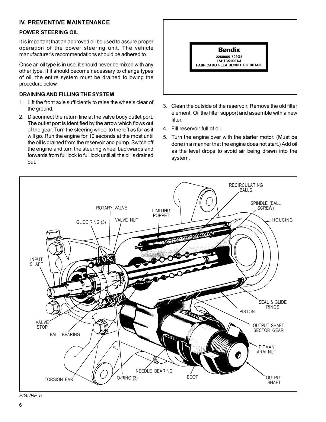 BENDIX SD-30-4250 manual IV. Preventive Maintenance, Power Steering OIL, Draining and Filling the System 