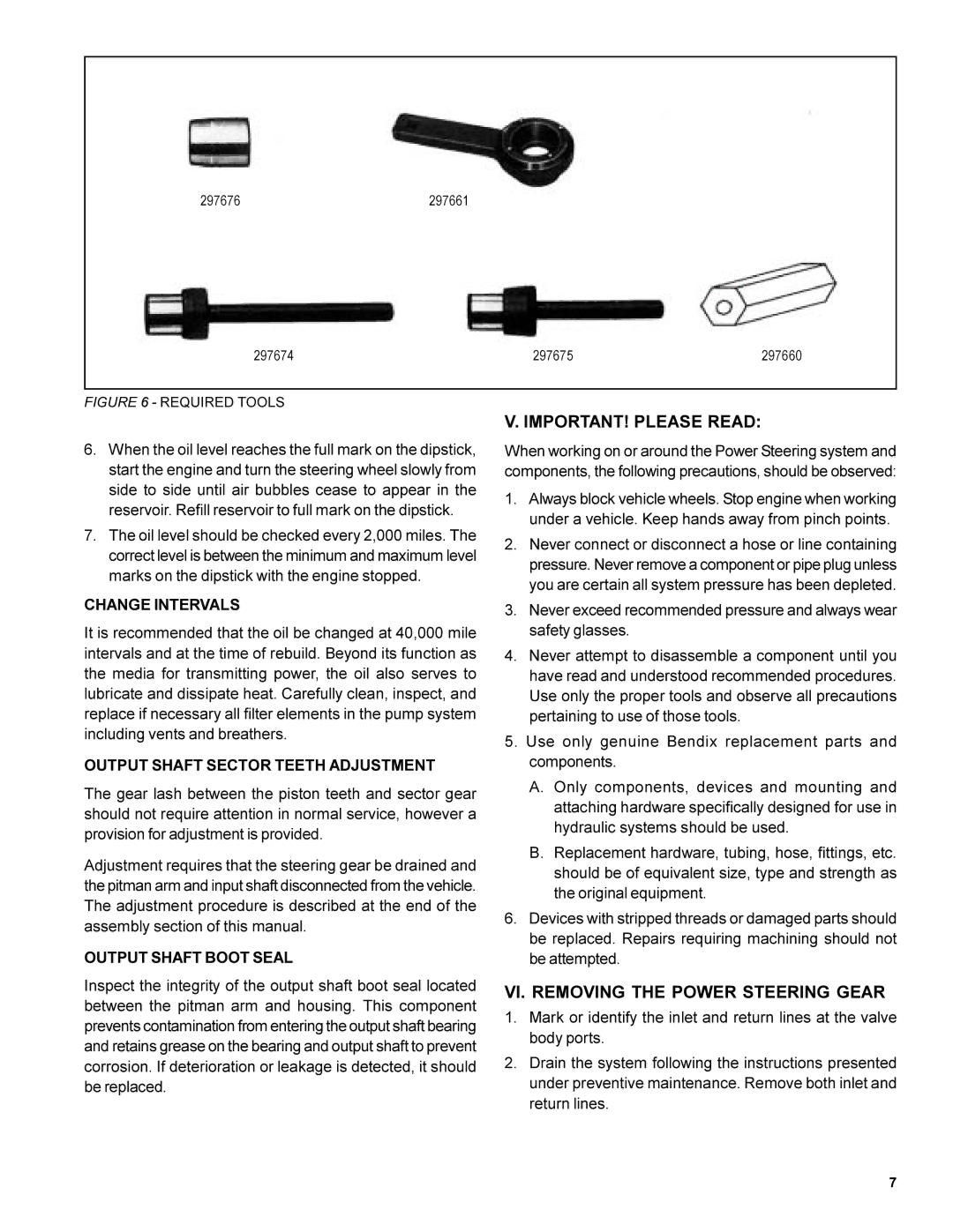 BENDIX SD-30-4250 IMPORTANT! Please Read, VI. Removing the Power Steering Gear, Change Intervals, Output Shaft Boot Seal 