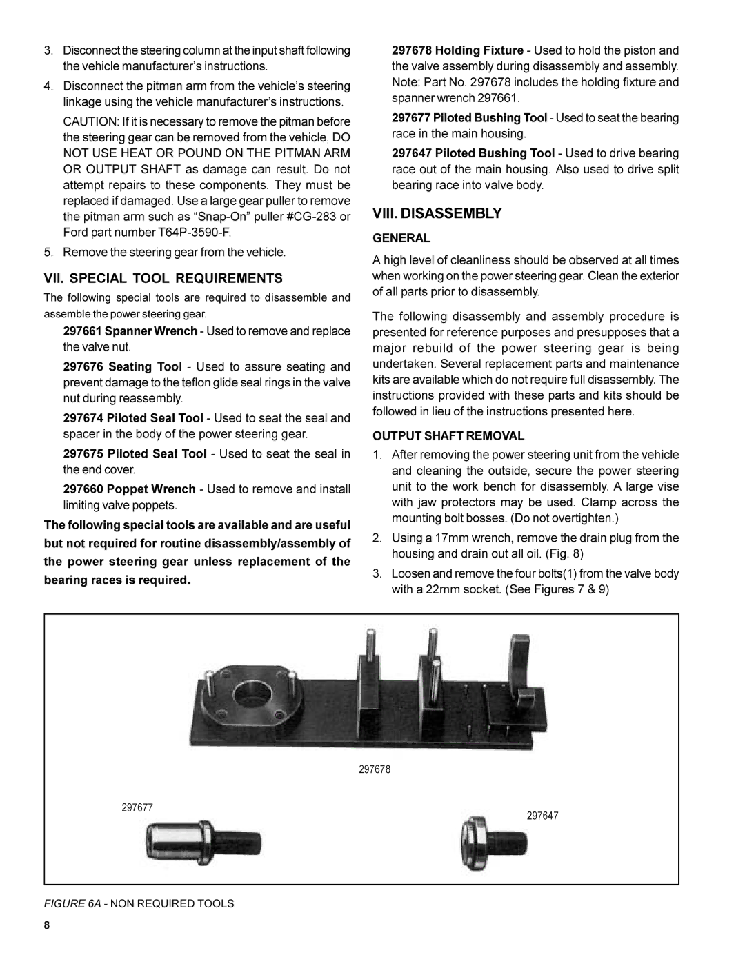 BENDIX SD-30-4250 manual VII. Special Tool Requirements, Output Shaft Removal 