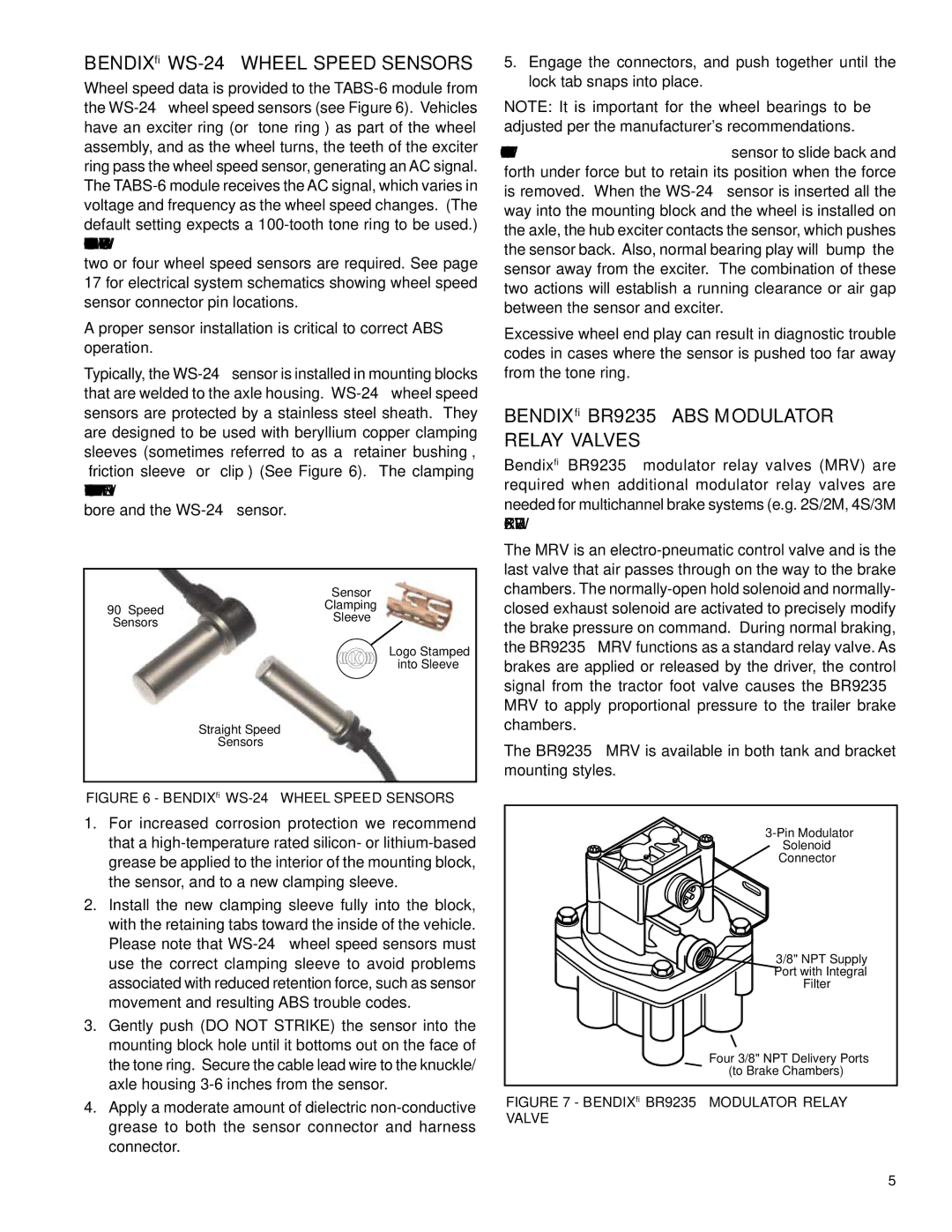 BENDIX TABS-6 TRAILER ABS MODULE manual Bendix WS-24Wheel Speed Sensors, Bendix BR9235 ABS Modulator Relay Valves 