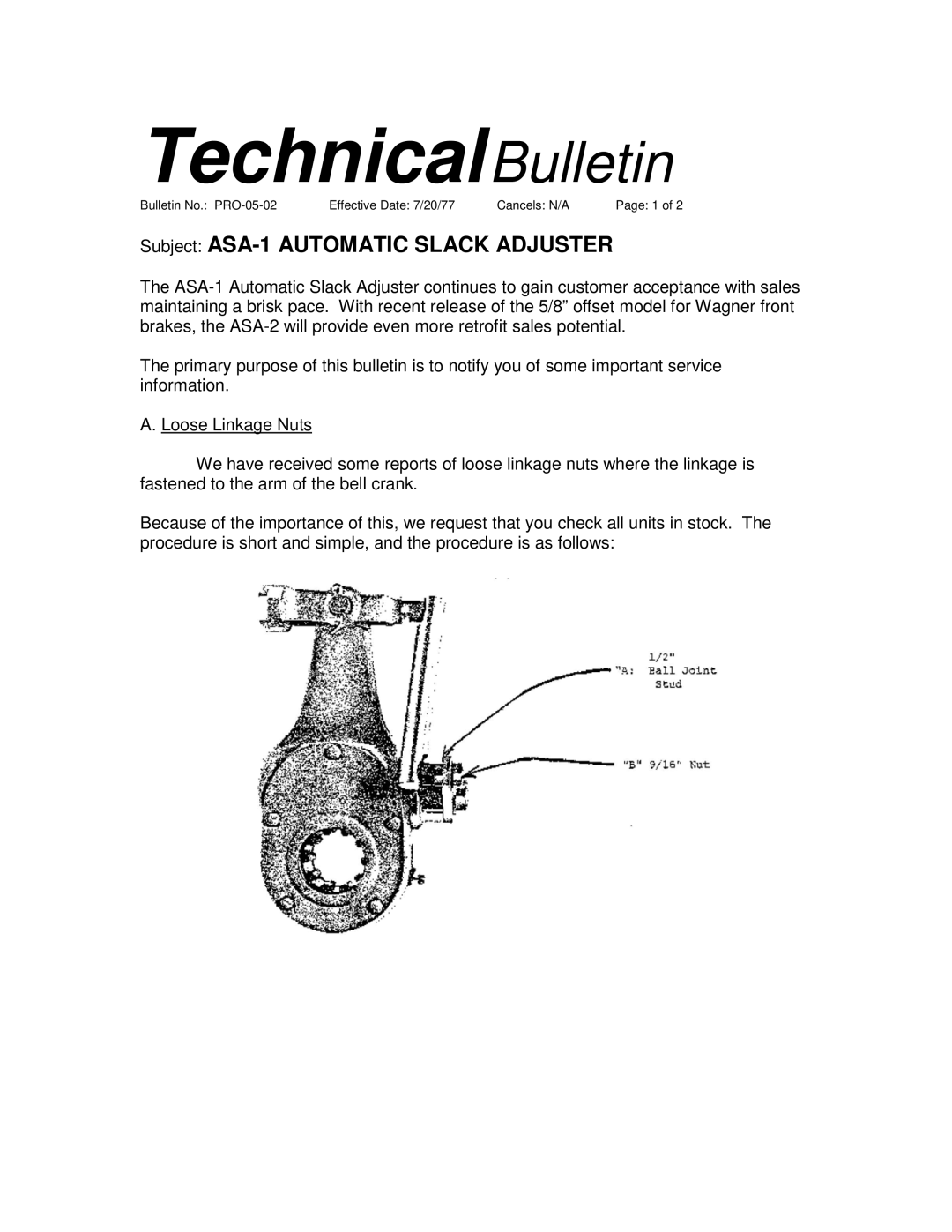 BENDIX TCH-005-002 manual TechnicalBulletin, Subject ASA-1 Automatic Slack Adjuster 