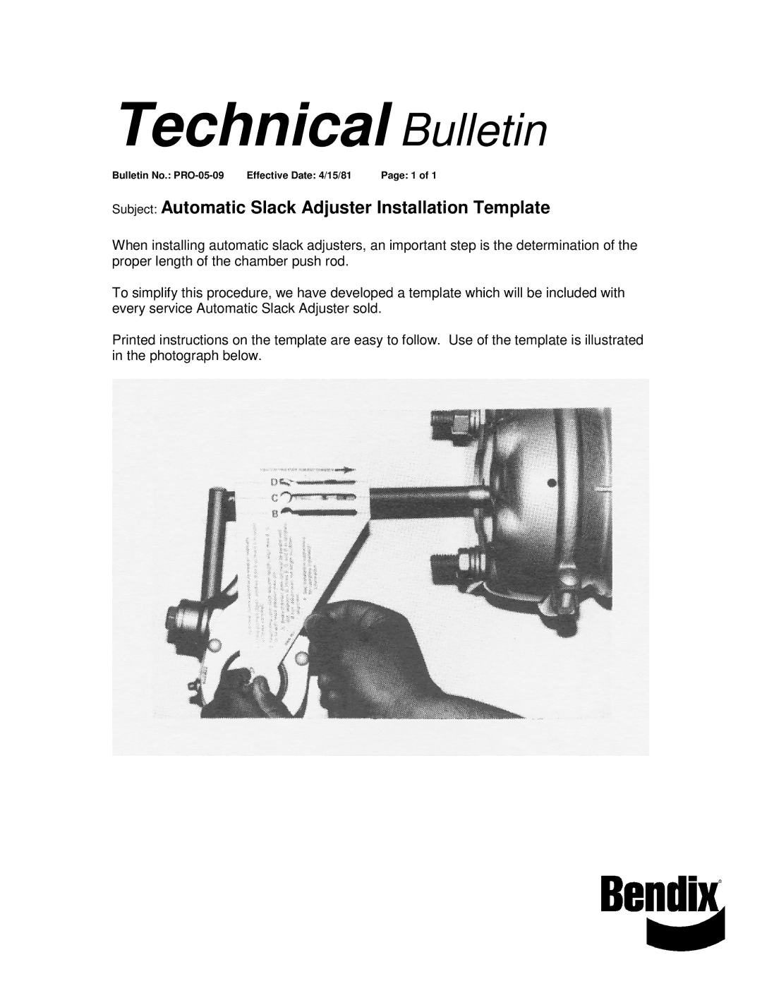 BENDIX TCH-005-009 manual Technical Bulletin, Subject Automatic Slack Adjuster Installation Template 