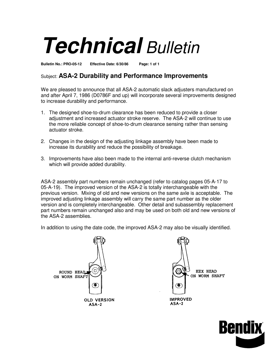 BENDIX TCH-005-012 manual Technical Bulletin, Subject ASA-2 Durability and Performance Improvements 
