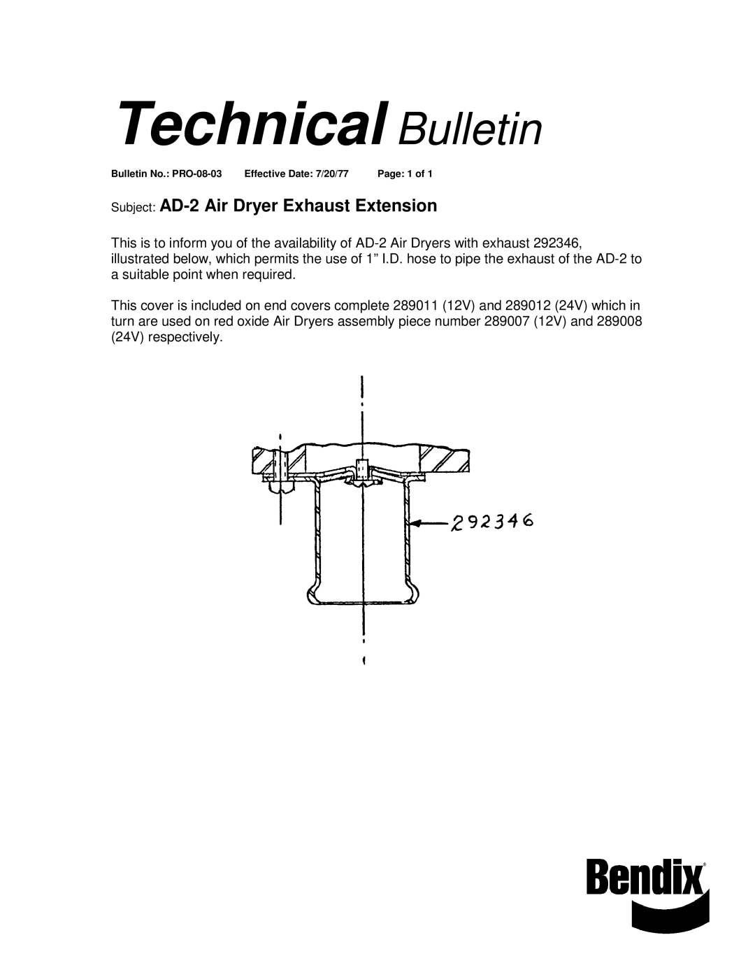 BENDIX TCH-008-003 manual Technical Bulletin, Subject AD-2 Air Dryer Exhaust Extension 