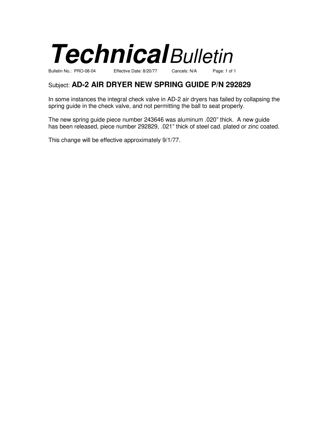 BENDIX TCH-008-004 manual TechnicalBulletin, Subject AD-2 AIR Dryer NEW Spring Guide P/N 