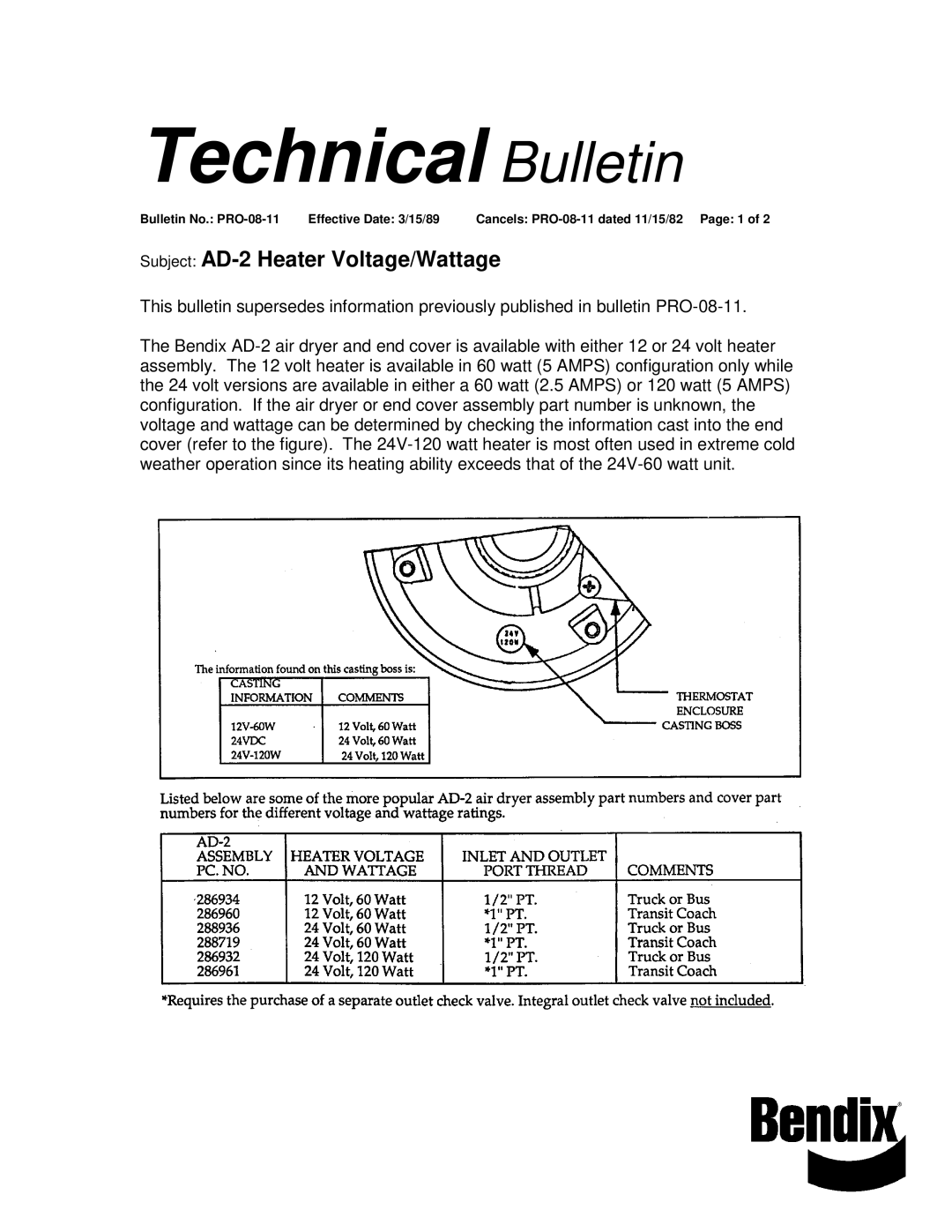 BENDIX TCH-008-011 manual Technical Bulletin, Subject AD-2 Heater Voltage/Wattage 