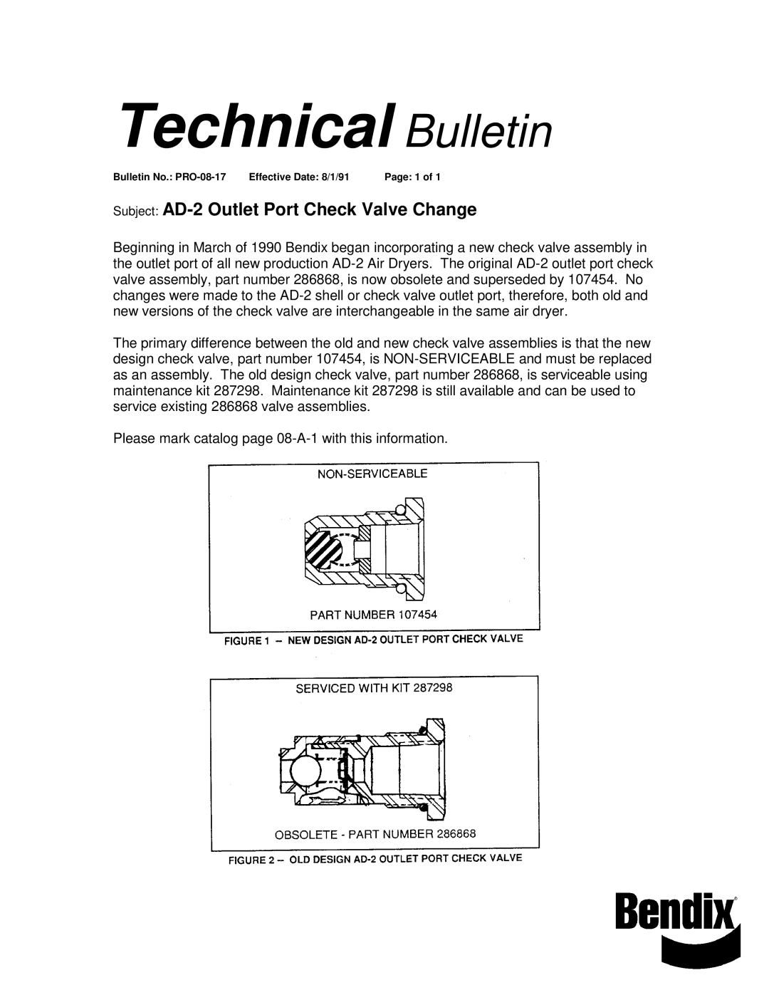 BENDIX TCH-008-017 manual Technical Bulletin, Subject AD-2 Outlet Port Check Valve Change 