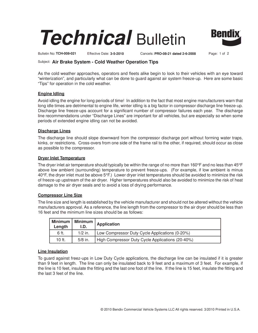 BENDIX TCH-008-021 manual Engine Idling, Discharge Lines, Dryer Inlet Temperature, Compressor Line Size, Line Insulation 