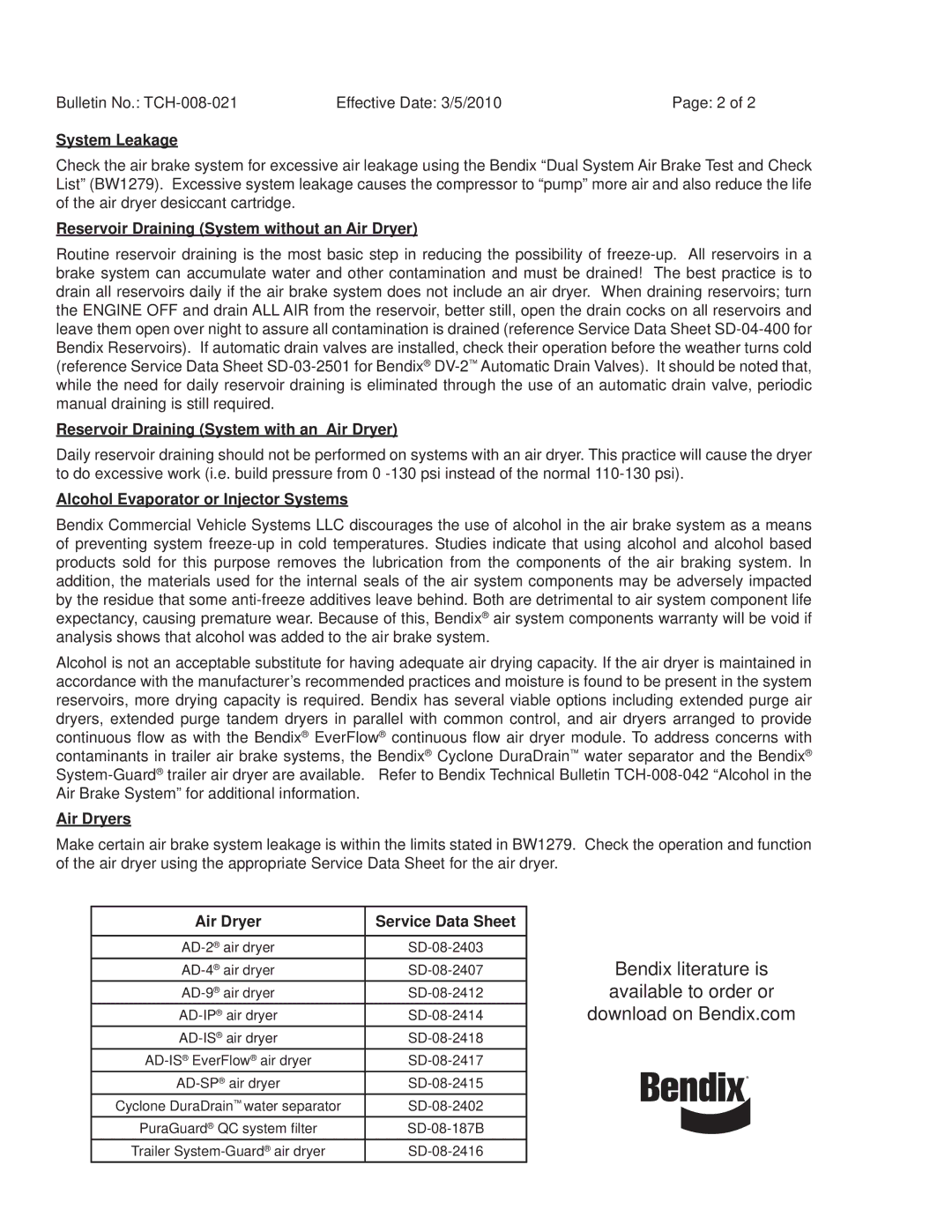 BENDIX TCH-008-021 System Leakage, Reservoir Draining System without an Air Dryer, Alcohol Evaporator or Injector Systems 