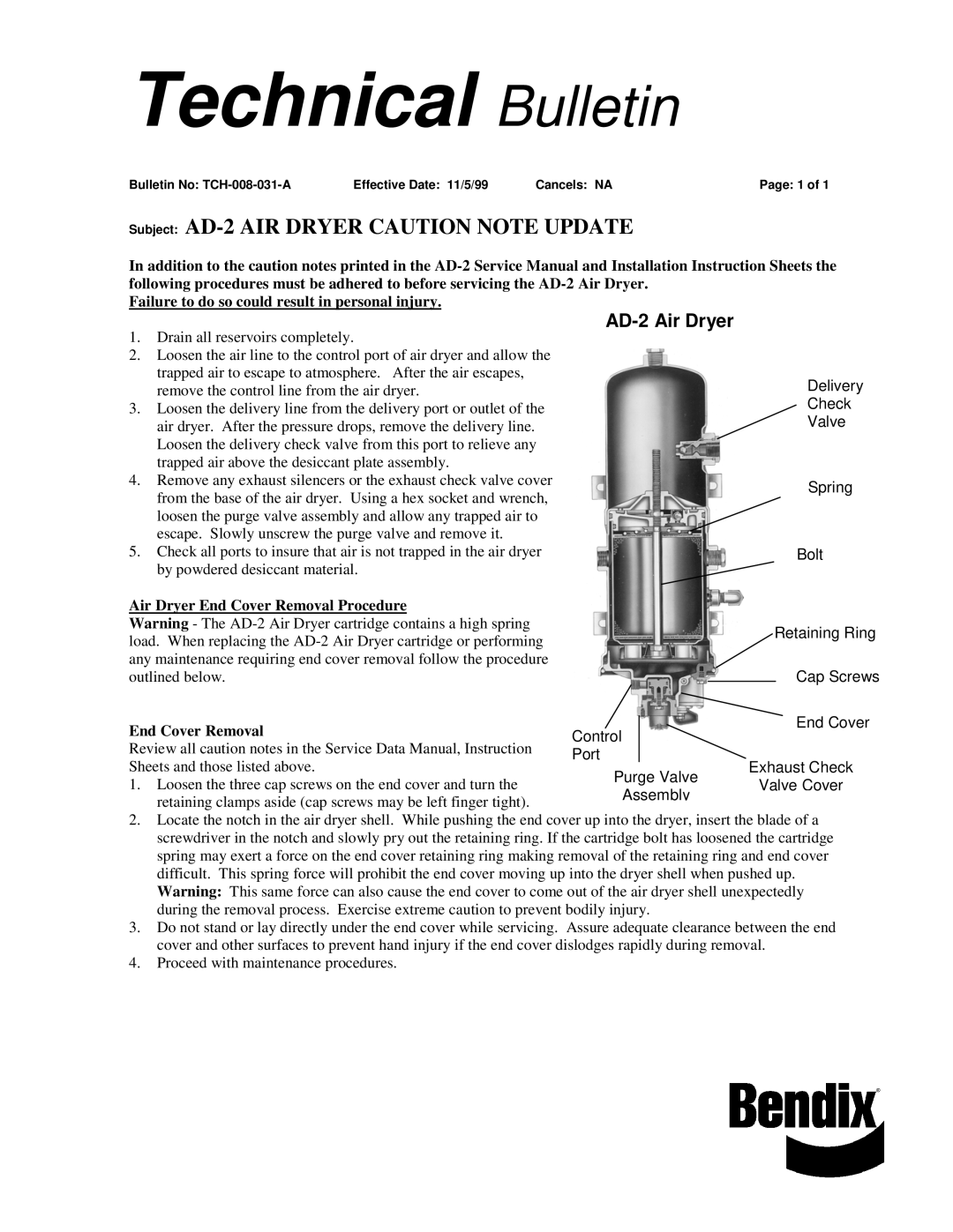 BENDIX TCH-008-031 manual Technical Bulletin, Subject AD-2 AIR Dryer Caution Note Update 