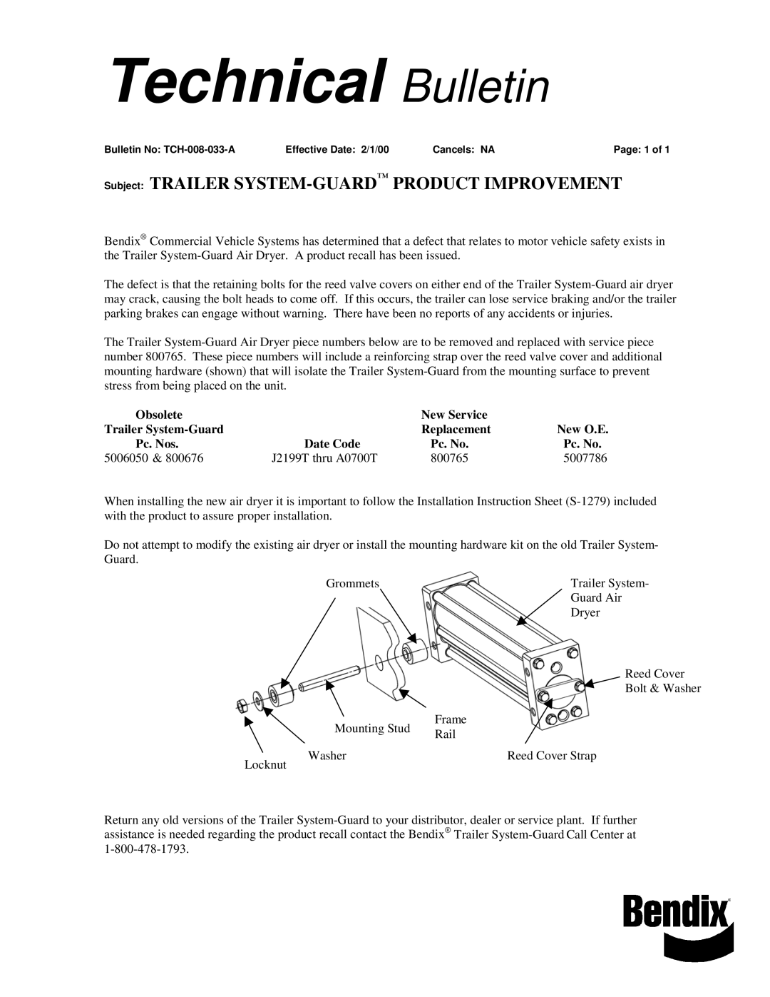 BENDIX TCH-008-033 manual Technical Bulletin, Subject Trailer SYSTEM-GUARDPRODUCT Improvement 