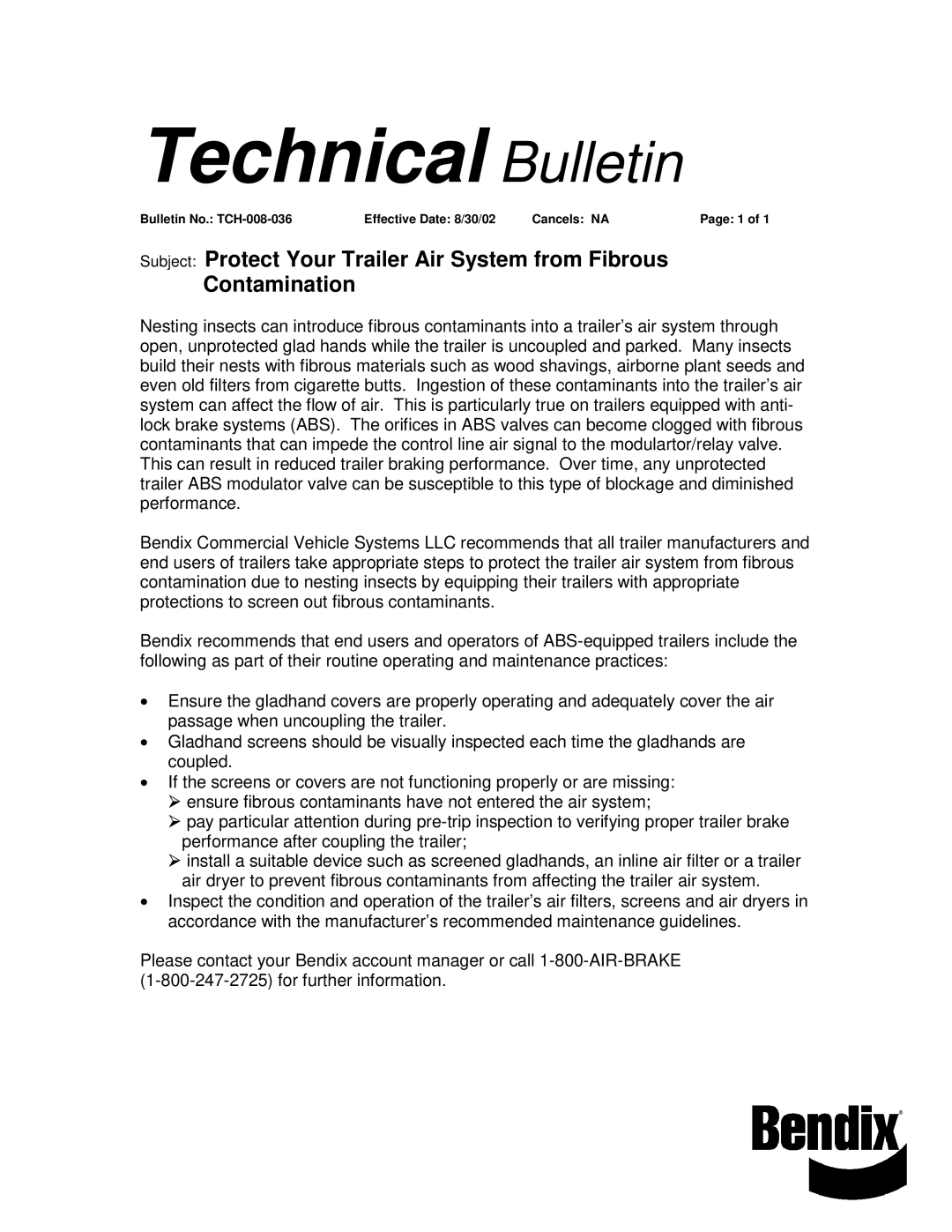 BENDIX TCH-008-036 manual Technical Bulletin 