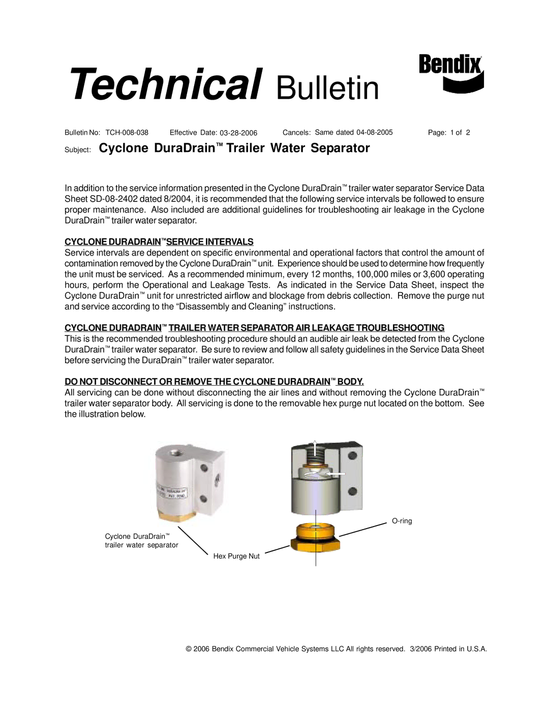 BENDIX TCH-008-038 manual Technical Bulletin, Subject Cyclone DuraDrain Trailer Water Separator 