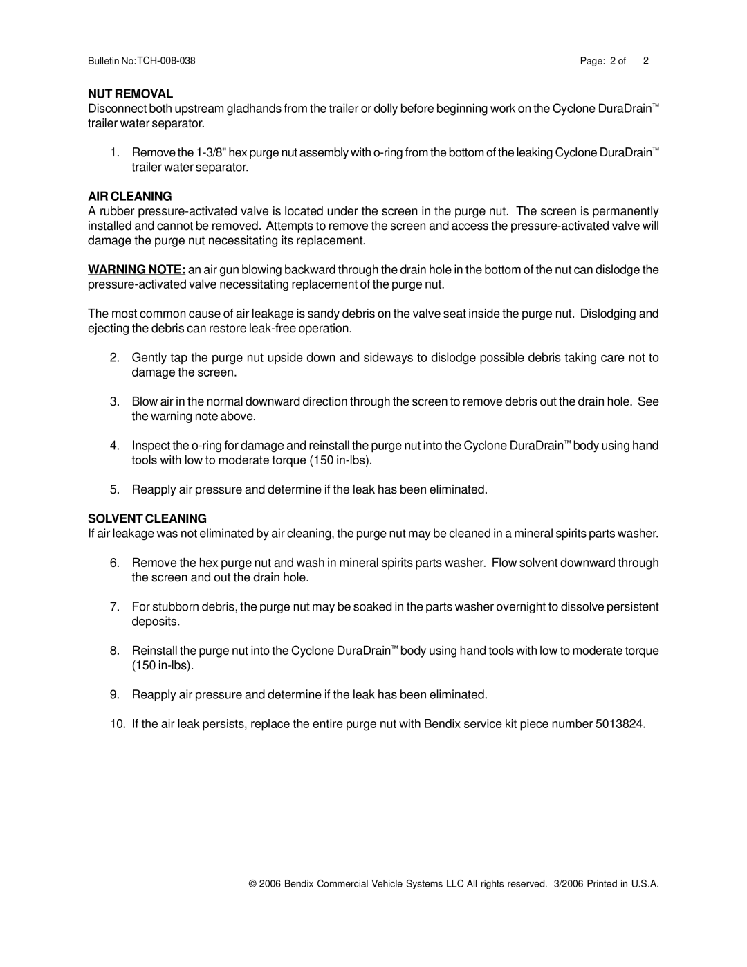 BENDIX TCH-008-038 manual NUT Removal, AIR Cleaning, Solvent Cleaning 