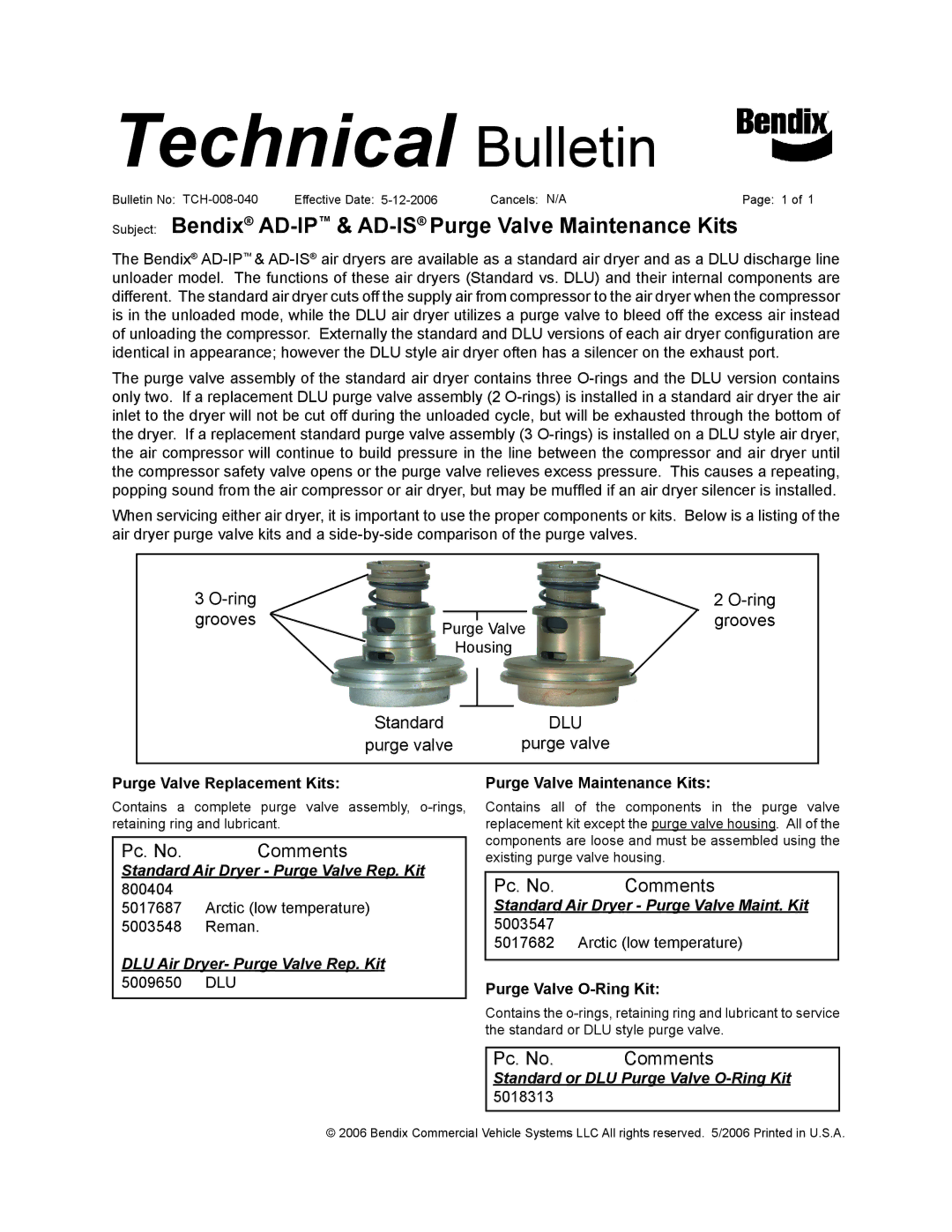 BENDIX TCH-008-040 manual Technical Bulletin, Subject Bendix AD-IP& AD-ISPurge Valve Maintenance Kits, Pc. No Comments 