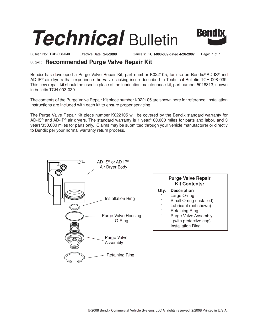 BENDIX TCH-008-043 manual Technical Bulletin, Subject Recommended Purge Valve Repair Kit, Purge Valve Repair Kit Contents 